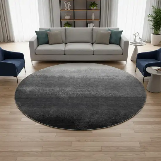 8' Gray Black And Silver Ombre Washable Round Rug With UV Protection Photo 2