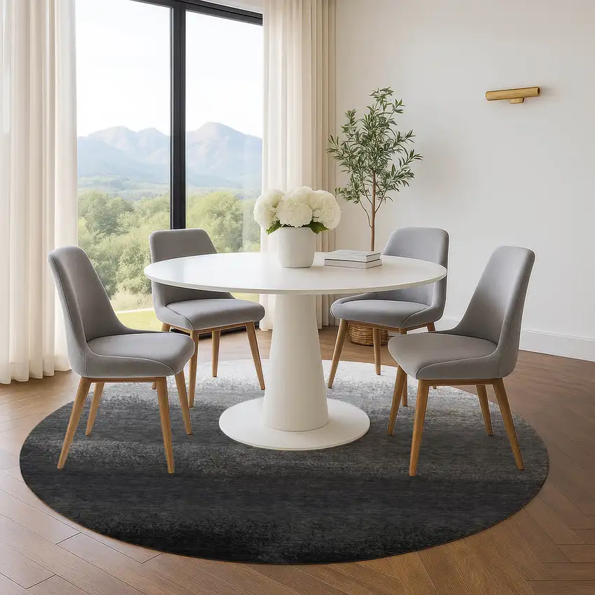 8' Gray Black And Silver Ombre Washable Round Rug With UV Protection Photo 4