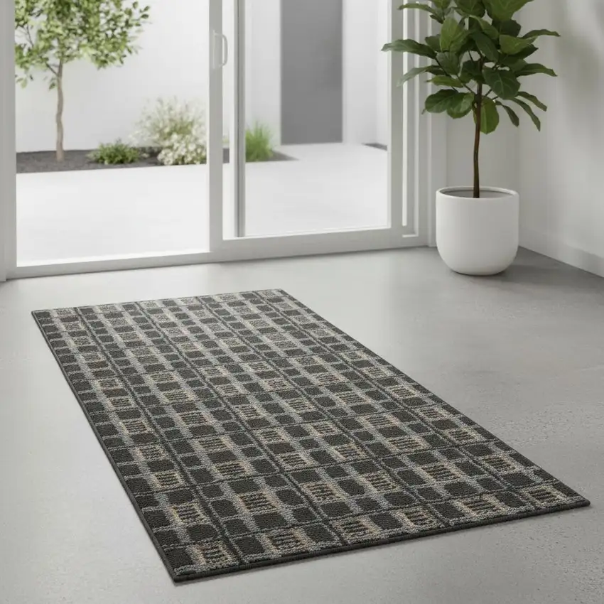 6' Gray Black And Taupe Geometric Runner Rug Photo 1
