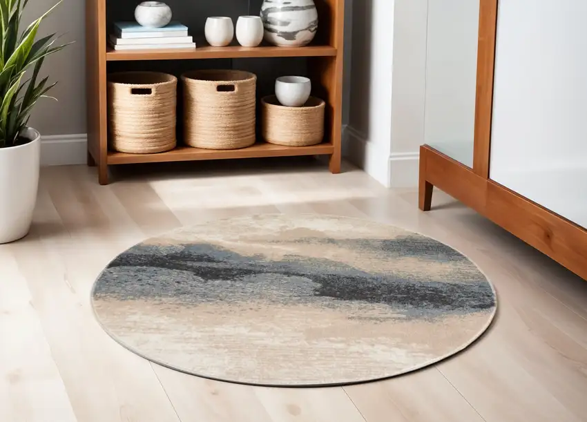 5' Gray Black and Beige Abstract Non Skid Round Rug Photo 1