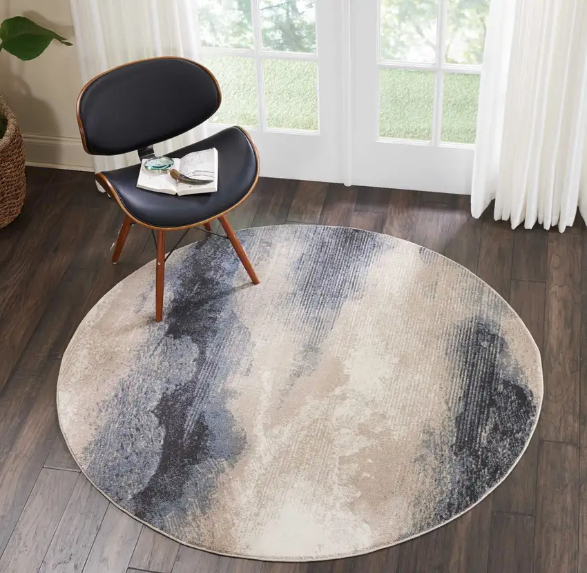 5' Gray Black and Beige Abstract Non Skid Round Rug Photo 8