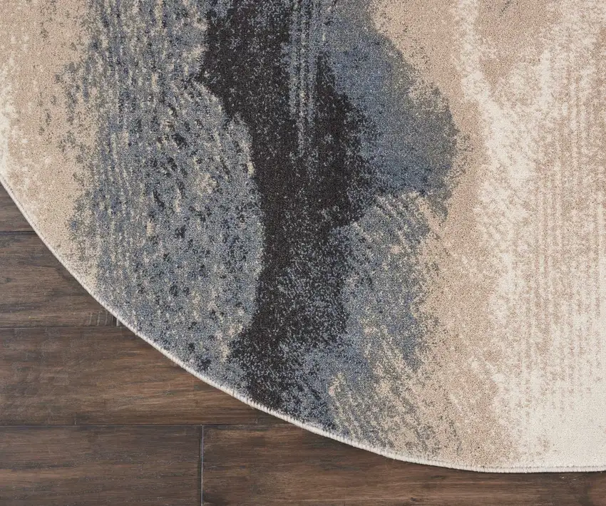 5' Gray Black and Beige Abstract Non Skid Round Rug Photo 7
