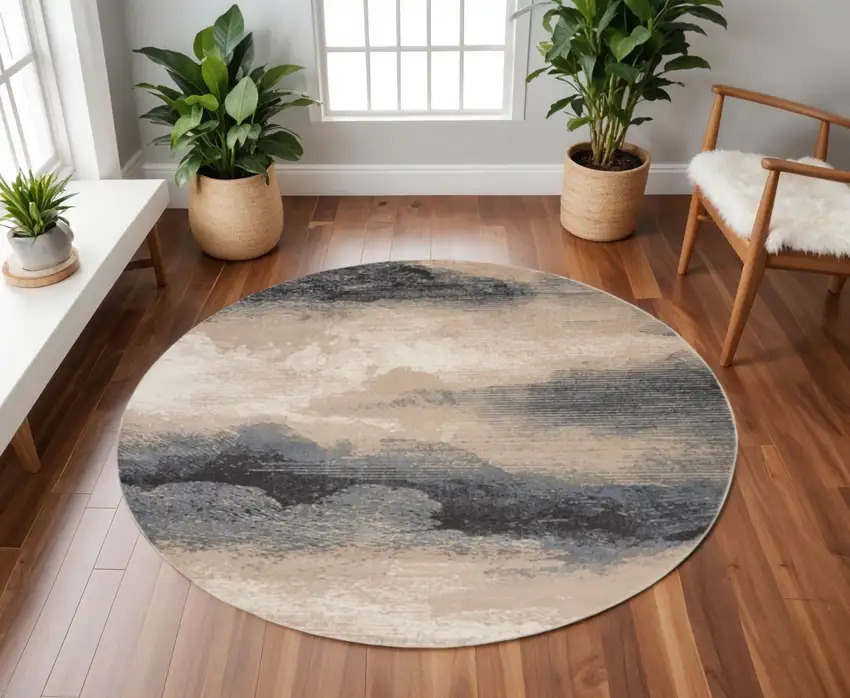 8' Gray Black and Beige Abstract Non Skid Round Rug Photo 1