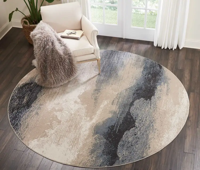 8' Gray Black and Beige Abstract Non Skid Round Rug Photo 5
