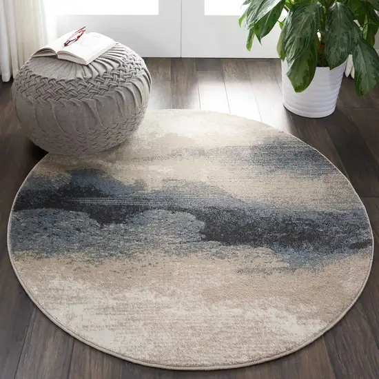 4' Gray Black and Beige Abstract Round Rug Photo 3