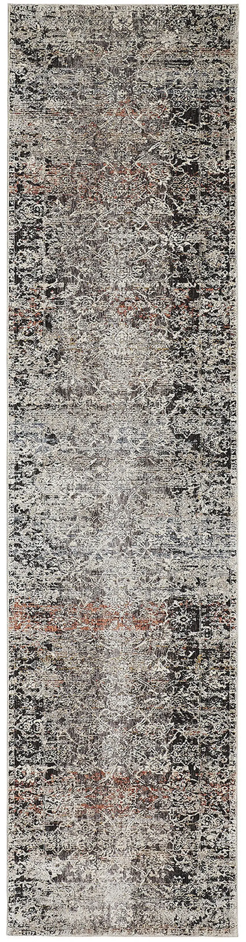10' Gray Black and Red Oriental Power Loom Distressed Runner Rug With Fringe Photo 4