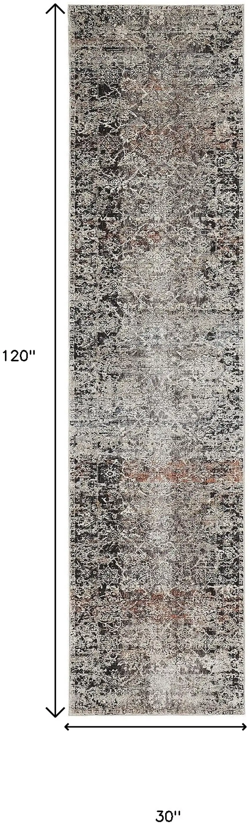 10' Gray Black and Red Oriental Power Loom Distressed Runner Rug With Fringe Photo 3