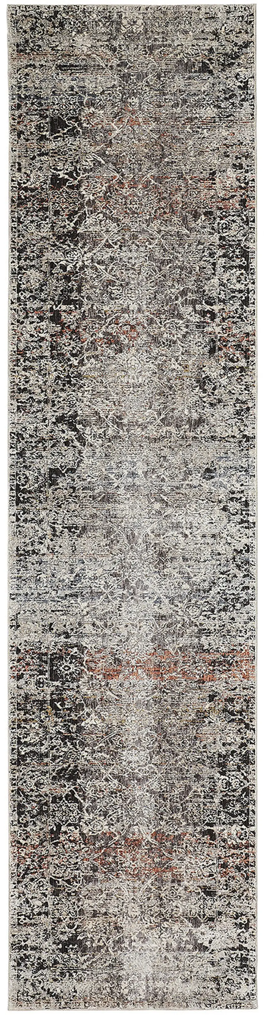 10' Gray Black and Red Oriental Power Loom Distressed Runner Rug With Fringe Photo 2