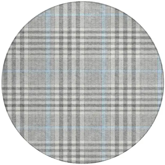 8' Gray Blue And Beige Round Plaid Washable Indoor Outdoor Area Rug Photo 6