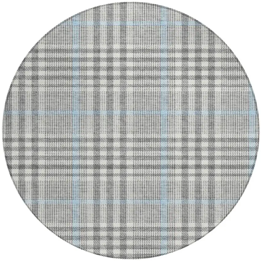 8' Gray Blue And Beige Round Plaid Washable Indoor Outdoor Area Rug Photo 6