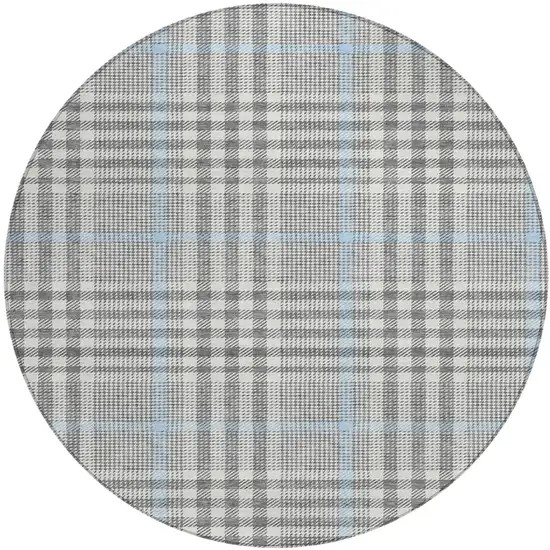 8' Gray Blue And Beige Round Plaid Washable Indoor Outdoor Area Rug Photo 2