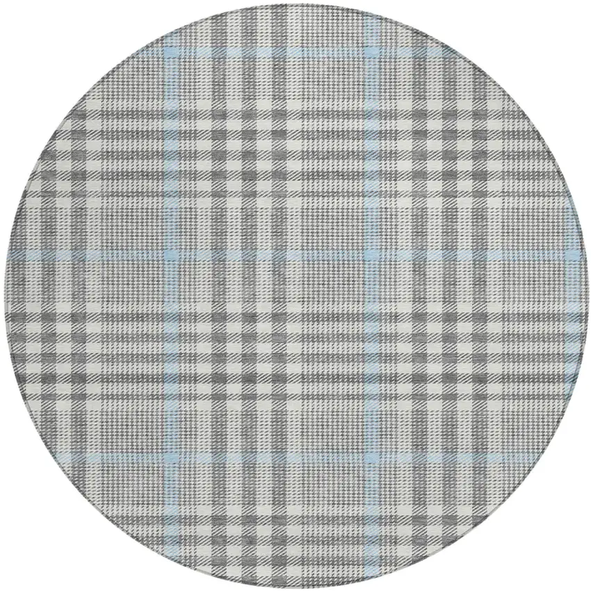 8' Gray Blue And Beige Round Plaid Washable Indoor Outdoor Area Rug Photo 2