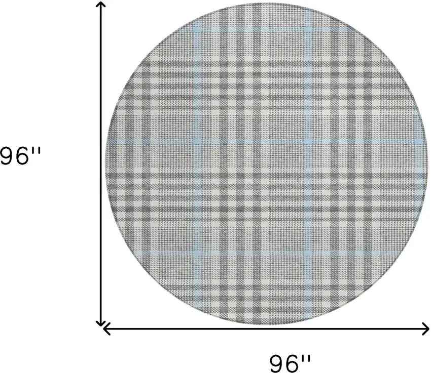 8' Gray Blue And Beige Round Plaid Washable Indoor Outdoor Area Rug Photo 9