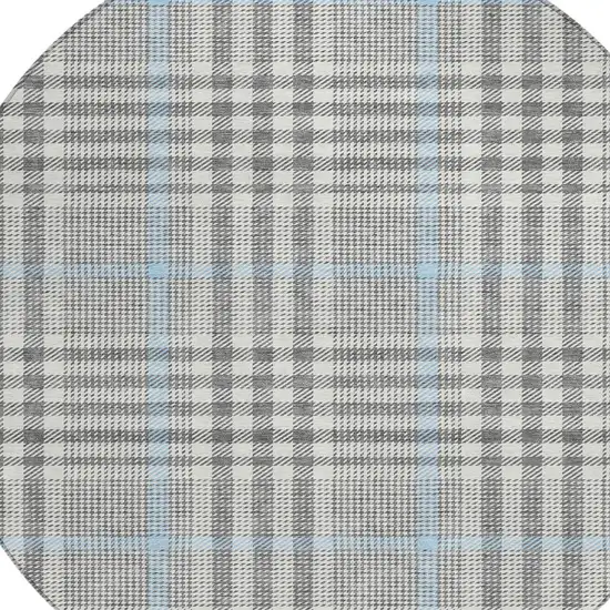 8' Gray Blue And Beige Round Plaid Washable Indoor Outdoor Area Rug Photo 5