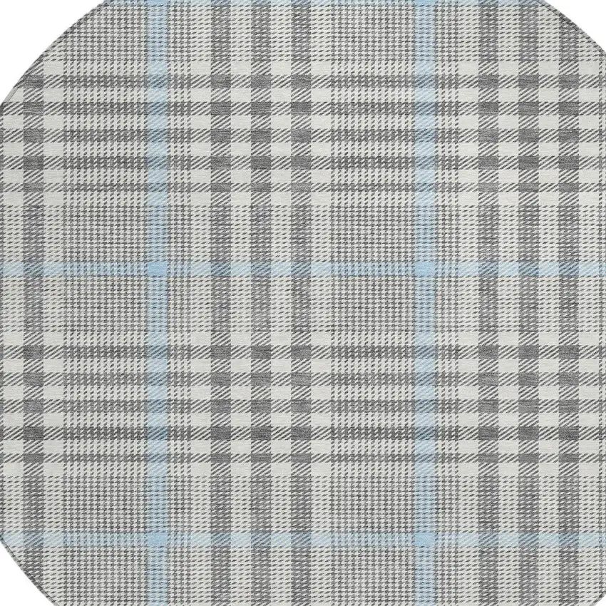 8' Gray Blue And Beige Round Plaid Washable Indoor Outdoor Area Rug Photo 5