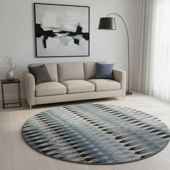 8' Gray Blue And Black Southwestern Washable Round Rug With UV Protection Photo 2