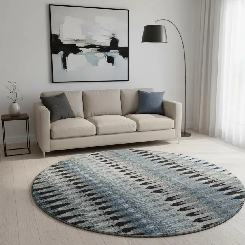 8' Gray Blue And Black Southwestern Washable Round Rug With UV Protection Photo 2