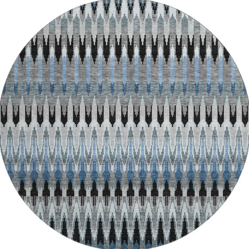 8' Gray Blue And Black Southwestern Washable Round Rug With UV Protection Photo 4