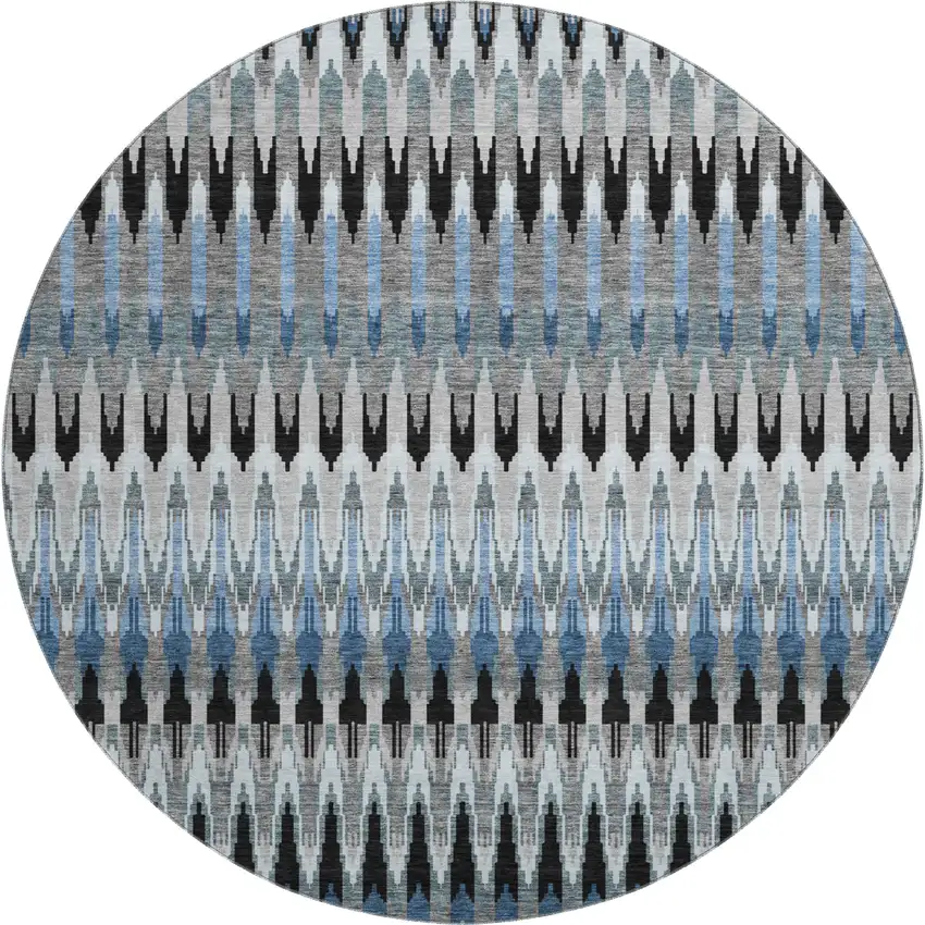 8' Gray Blue And Black Southwestern Washable Round Rug With UV Protection Photo 1