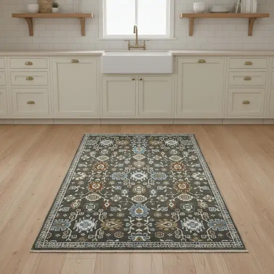 8' Gray Blue And Brown Floral Runner Rug With Fringe Photo 2