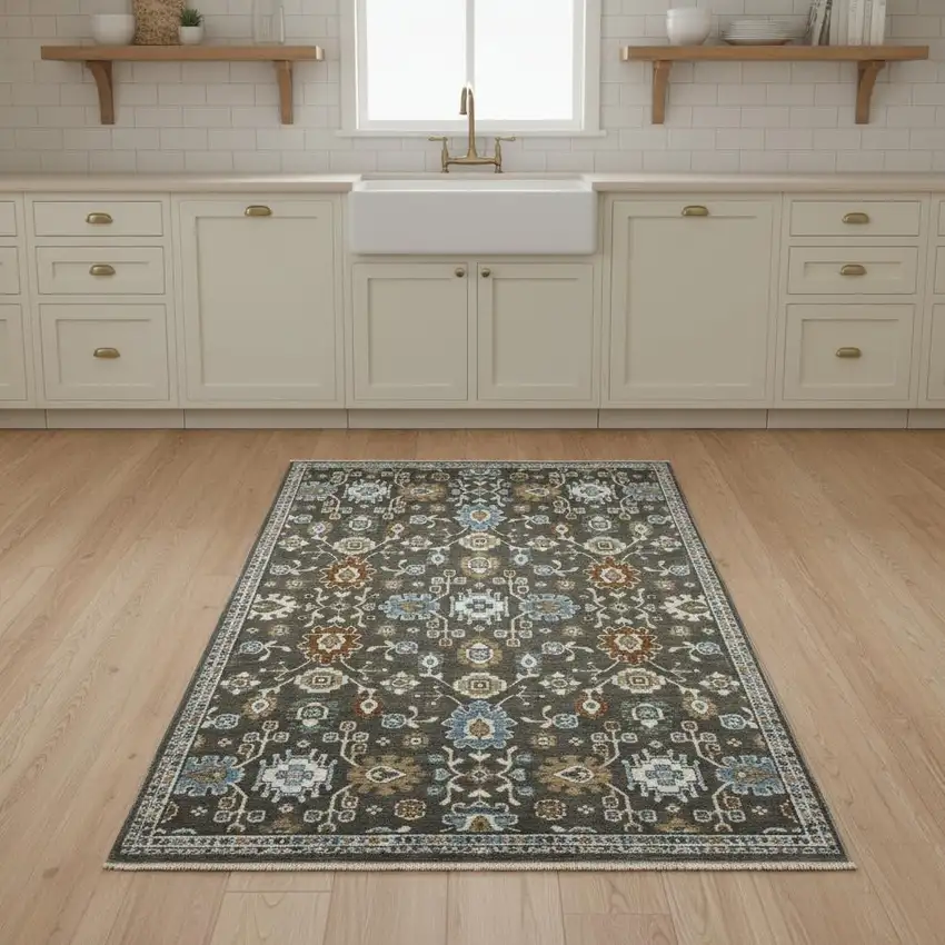 8' Gray Blue And Brown Floral Runner Rug With Fringe Photo 2