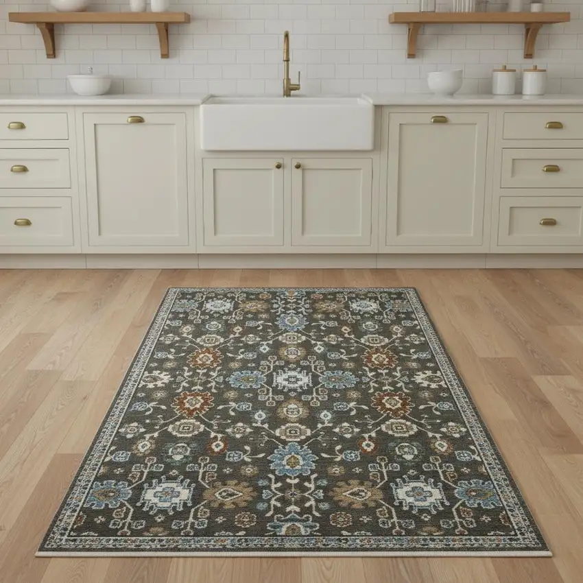 8' Gray Blue And Brown Floral Runner Rug With Fringe Photo 1