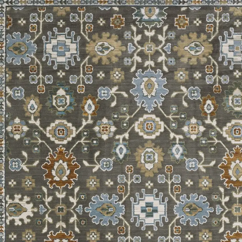 8' Gray Blue And Brown Floral Runner Rug With Fringe Photo 7