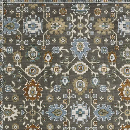 8' Gray Blue And Brown Floral Runner Rug With Fringe Photo 7