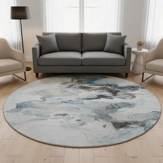 8' Gray Blue And Copper Abstract Washable Round Rug With UV Protection Photo 2