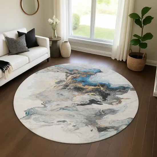 8' Gray Blue And Copper Abstract Washable Round Rug With UV Protection Photo 4