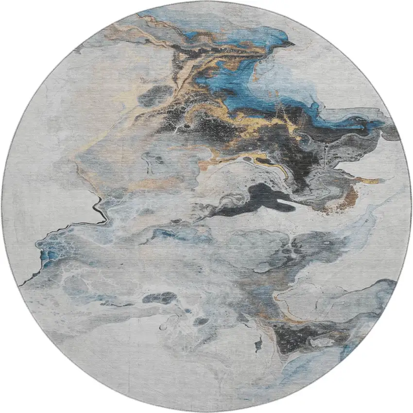 8' Gray Blue And Copper Abstract Washable Round Rug With UV Protection Photo 1