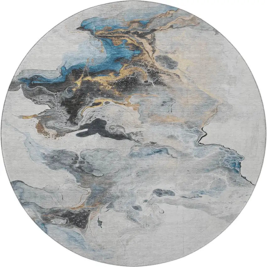 8' Gray Blue And Copper Abstract Washable Round Rug With UV Protection Photo 3