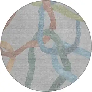 Photo of 8' Gray Blue And Copper Round Abstract Washable Indoor Outdoor Area Rug