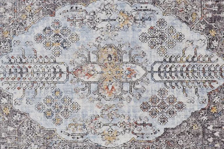 8' Gray Blue And Gold Floral Stain Resistant Runner Rug Photo 4