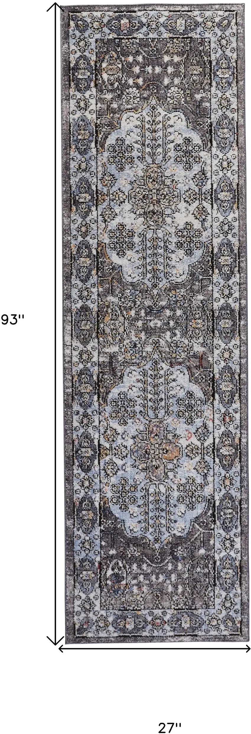 8' Gray Blue And Gold Floral Stain Resistant Runner Rug Photo 8