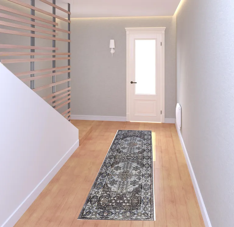 8' Gray Blue And Gold Floral Stain Resistant Runner Rug Photo 3