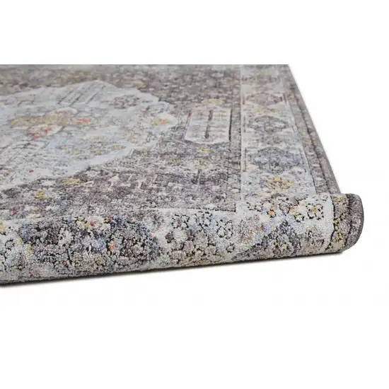 8' Gray Blue And Gold Floral Stain Resistant Runner Rug Photo 6