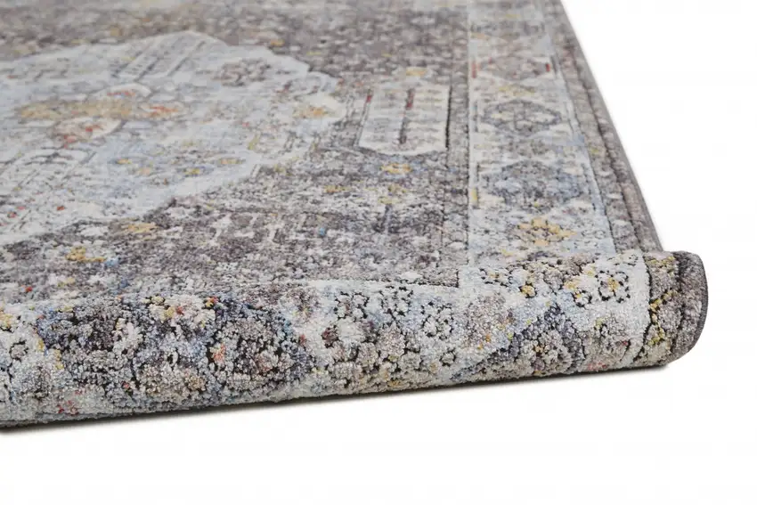 8' Gray Blue And Gold Floral Stain Resistant Runner Rug Photo 6