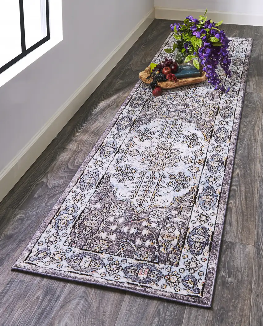 8' Gray Blue And Gold Floral Stain Resistant Runner Rug Photo 7