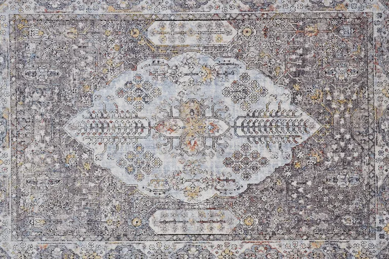 8' Gray Blue And Gold Floral Stain Resistant Runner Rug Photo 5
