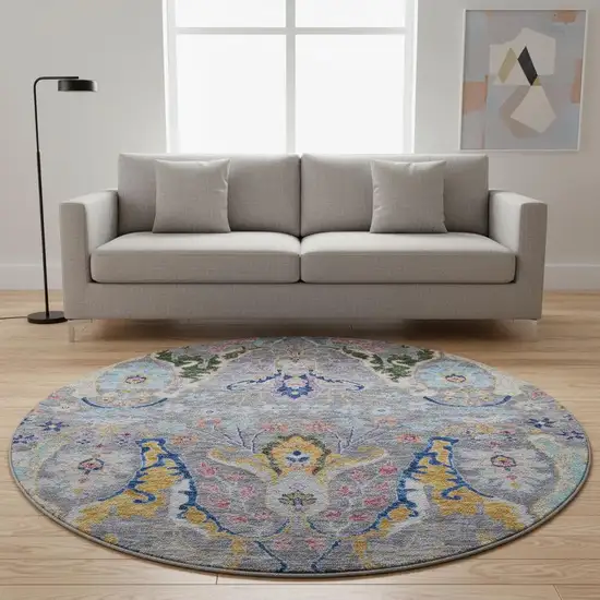 8' Gray Blue And Gold Floral Washable Round Rug With UV Protection Photo 2