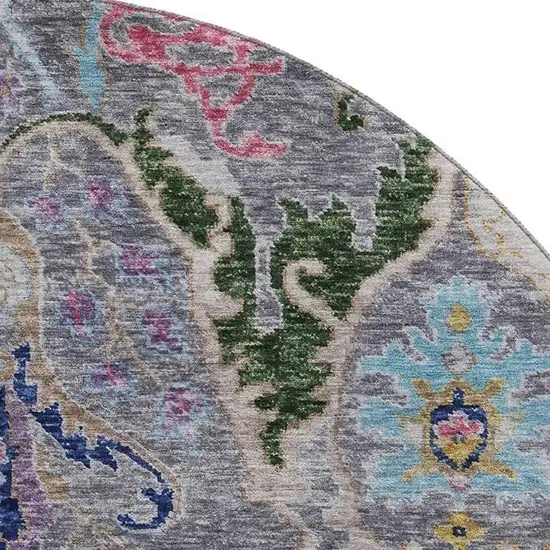 8' Gray Blue And Gold Floral Washable Round Rug With UV Protection Photo 3
