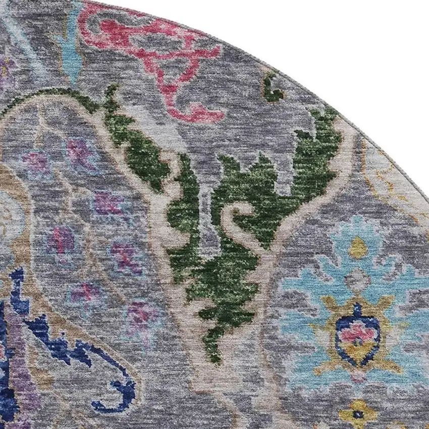 8' Gray Blue And Gold Floral Washable Round Rug With UV Protection Photo 3