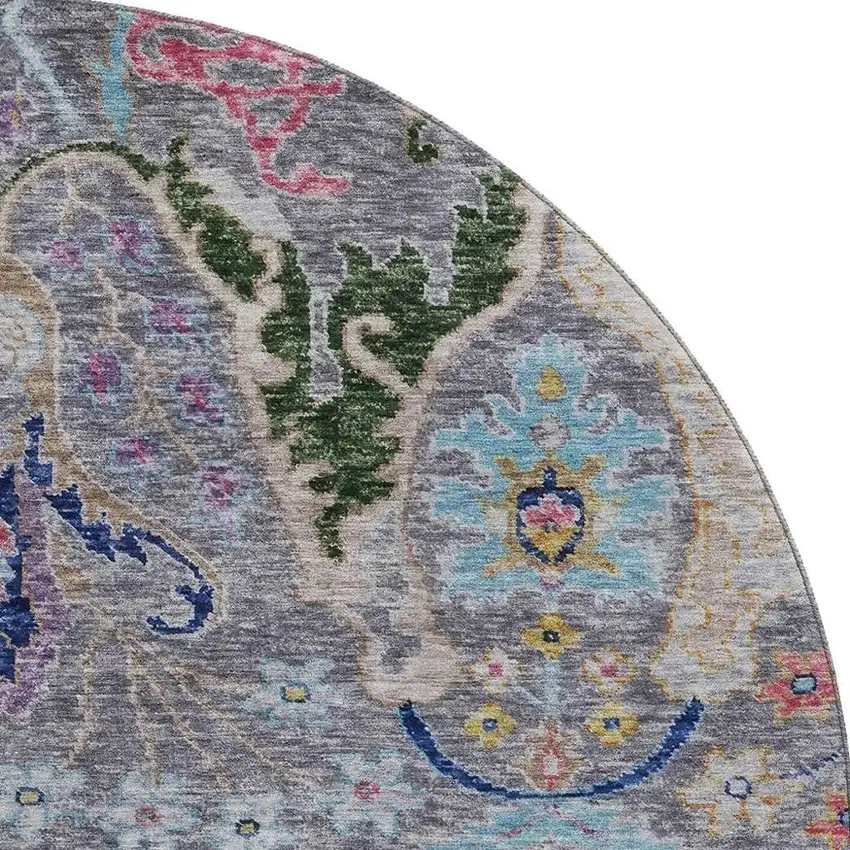 8' Gray Blue And Gold Floral Washable Round Rug With UV Protection Photo 4