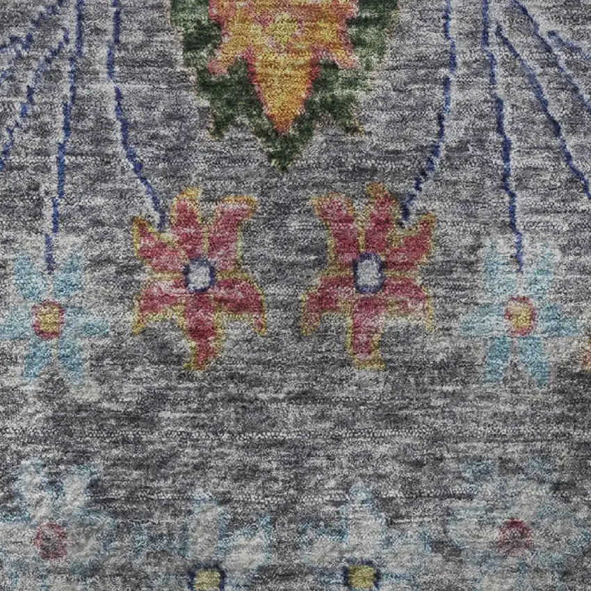 8' Gray Blue And Gold Floral Washable Round Rug With UV Protection Photo 9