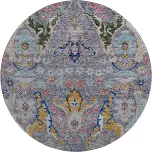 Photo of 8' Gray Blue And Gold Floral Washable Round Rug With UV Protection