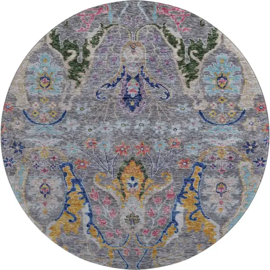 8' Gray Blue And Gold Floral Washable Round Rug With UV Protection Photo 1