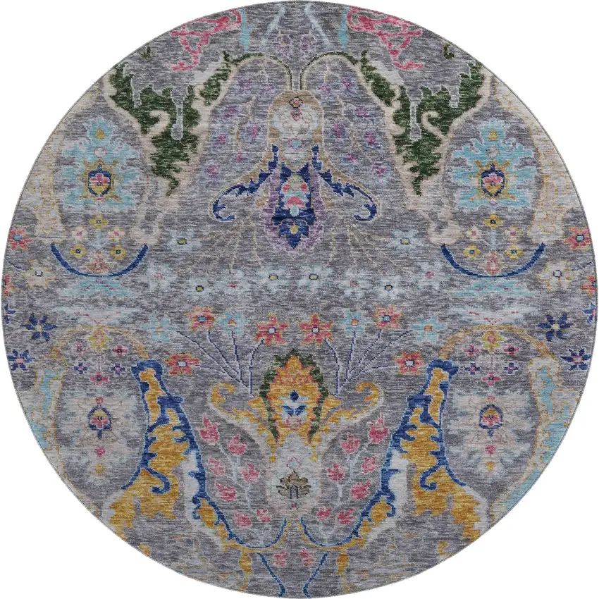 8' Gray Blue And Gold Floral Washable Round Rug With UV Protection Photo 1