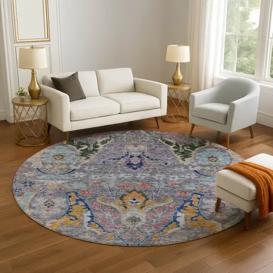 8' Gray Blue And Gold Floral Washable Round Rug With UV Protection Photo 5