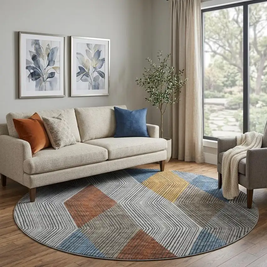 8' Gray Blue And Gold Geometric Washable Round Rug With UV Protection Photo 1